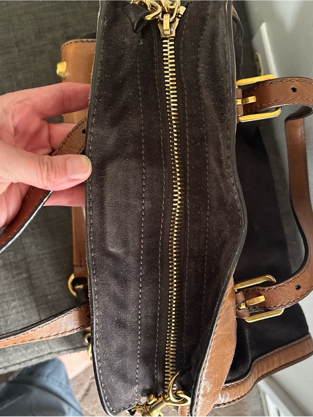 Miu Miu Dark Brown Suede and Chestnut Leather Tote with Gold Hardware - Picture 6 of 8